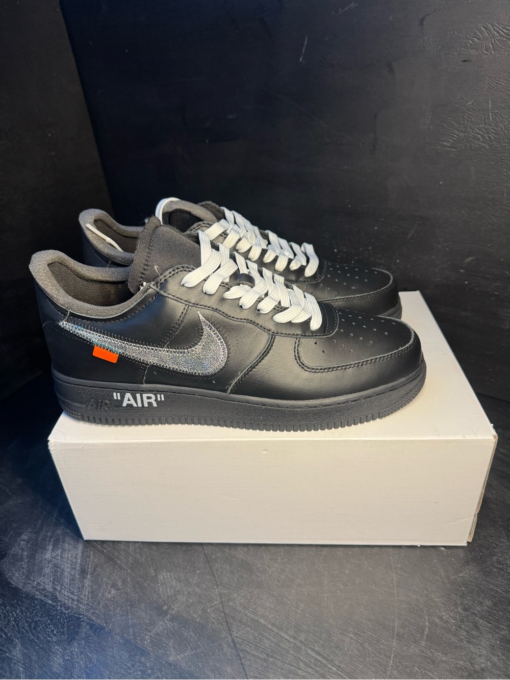 Black Leather Low-Top Sneakers with Grey Swoosh and White Laces